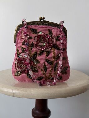 Vintage MOYNA Hand Beaded Rose Silk Mini Purse